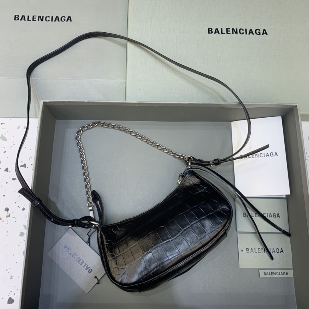 Balenciaga Le Cagole Mini Bag With Chain Crocodile Embossed Rhinestones Shoulder Bag Black 